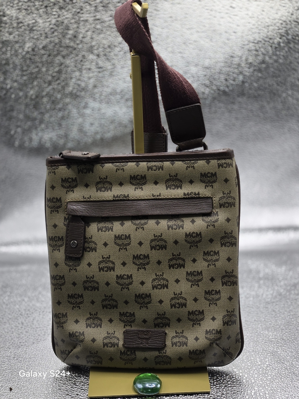 Authentic MCM Visetos Crossbody Messenger Bag Khaki Brown Logo Strap Unisex
